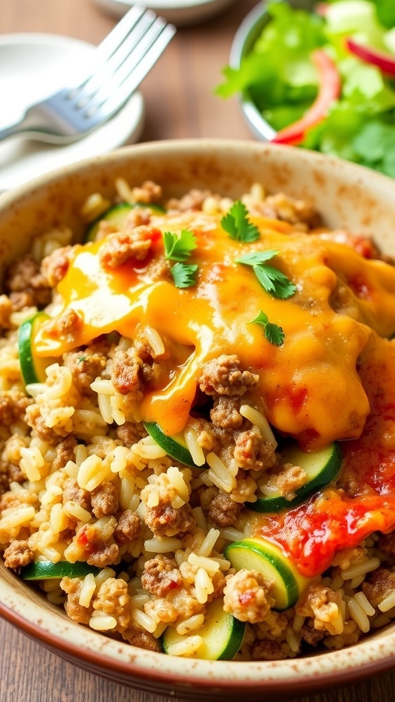 A delicious hamburger zucchini rice casserole with ground beef, zucchini, and cheese, garnished with parsley, on a wooden table.